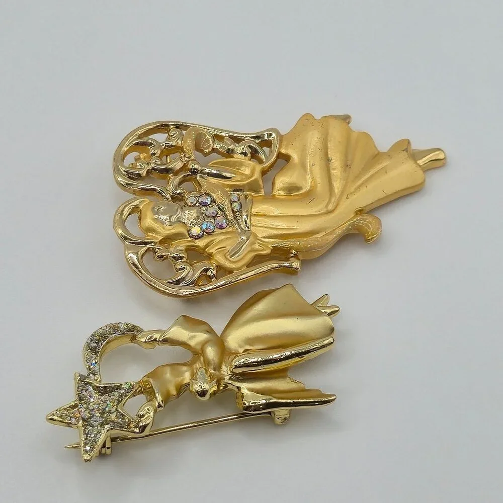 Festive Joy Holiday Gold Tone Angels Religious Faith Christian Brooch Pins‎ 2PC